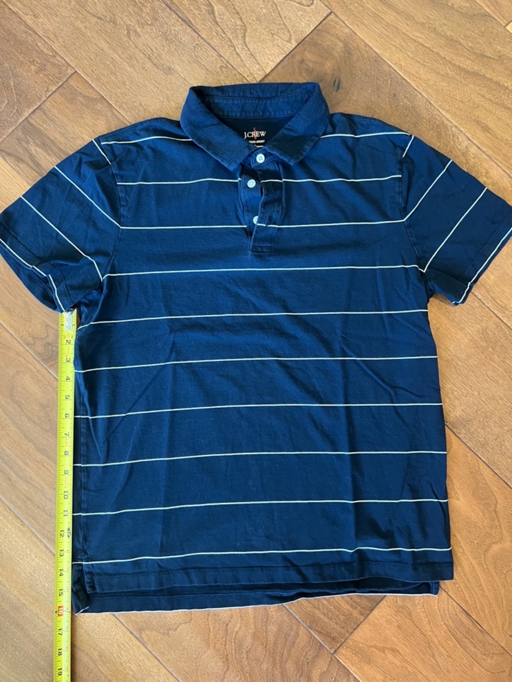 J. Crew Men's Navy Polo with Thin White Stripes